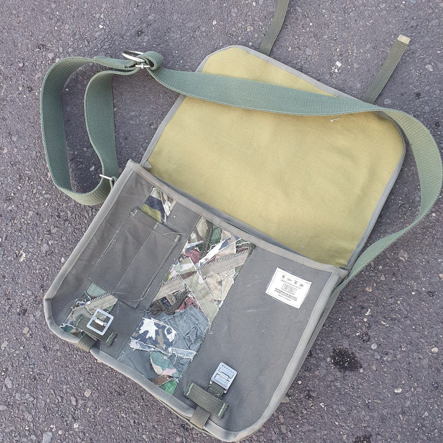M-0126 Messenger Bag in Olive Drab canvas and camouflage scraps