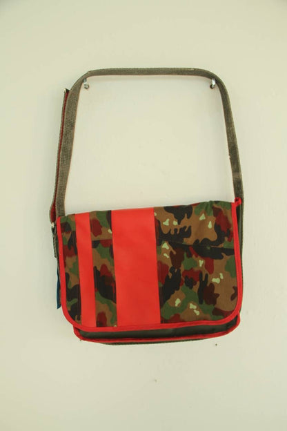 M-0050 Messenger Bag in Swiss "Alpenflage" and red faux suede